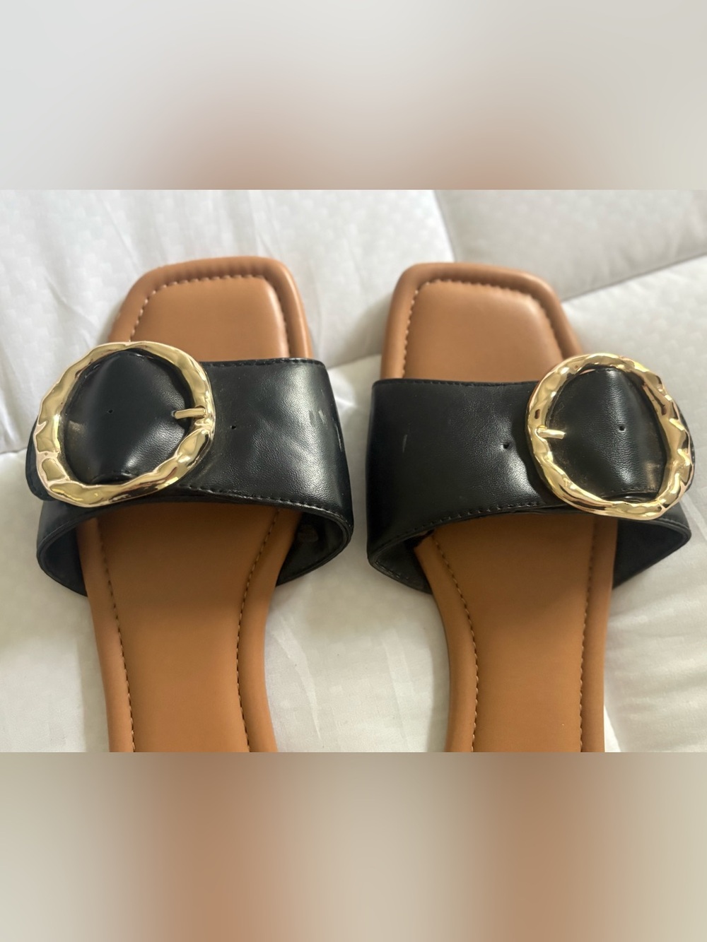 a new day Black Slide Sandals with Gold Buckle
